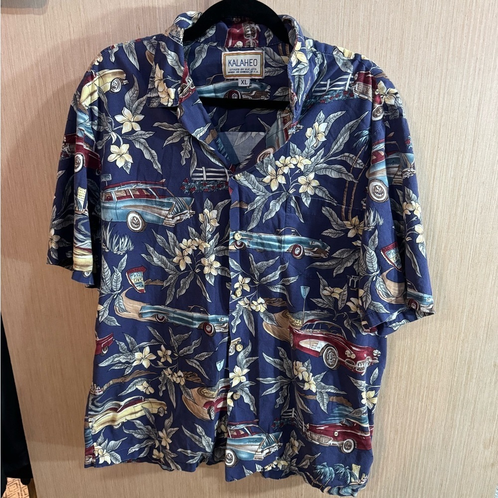 Men’s Kalaheo Navy Classic Car Floral Hawaiian Shirt -‎ XL